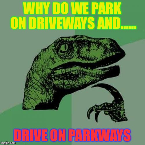Philosoraptor Meme | WHY DO WE PARK ON DRIVEWAYS AND……; DRIVE ON PARKWAYS | image tagged in memes,philosoraptor | made w/ Imgflip meme maker