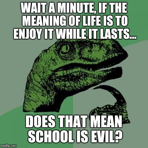 Philosoraptor Meme | WAIT A MINUTE, IF THE MEANING OF LIFE IS TO ENJOY IT WHILE IT LASTS... DOES THAT MEAN SCHOOL IS EVIL? | image tagged in memes,philosoraptor | made w/ Imgflip meme maker