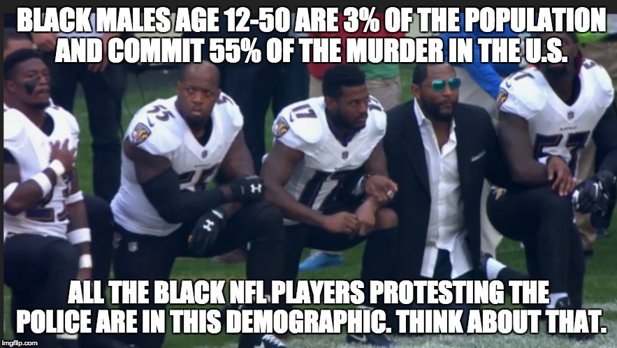 The irony of NFL protests | BLACK MALES AGE 12-50 ARE 3% OF THE POPULATION AND COMMIT 55% OF THE MURDER IN THE U.S. ALL THE BLACK NFL PLAYERS PROTESTING THE POLICE ARE IN THIS DEMOGRAPHIC. THINK ABOUT THAT. | image tagged in nfl,boycottnfl,boycottespn,anthem | made w/ Imgflip meme maker
