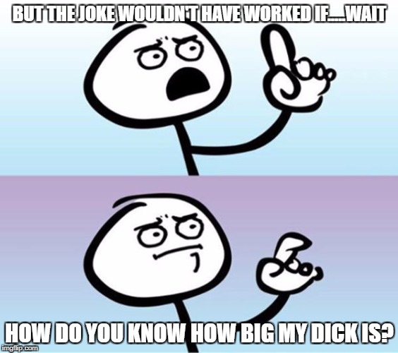 BUT THE JOKE WOULDN'T HAVE WORKED IF.....WAIT HOW DO YOU KNOW HOW BIG MY DICK IS? | made w/ Imgflip meme maker