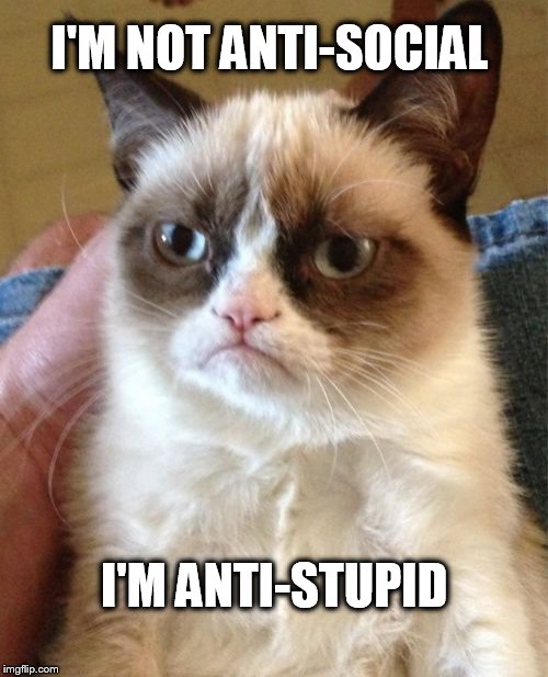 Grumpy Cat Meme | I'M NOT ANTI-SOCIAL; I'M ANTI-STUPID | image tagged in memes,grumpy cat | made w/ Imgflip meme maker