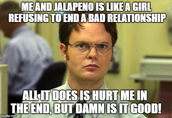 It's worth it. | ME AND JALAPENO IS LIKE A GIRL REFUSING TO END A BAD RELATIONSHIP; ALL IT DOES IS HURT ME IN THE END, BUT DAMN IS IT GOOD! | image tagged in memes,dwight schrute | made w/ Imgflip meme maker