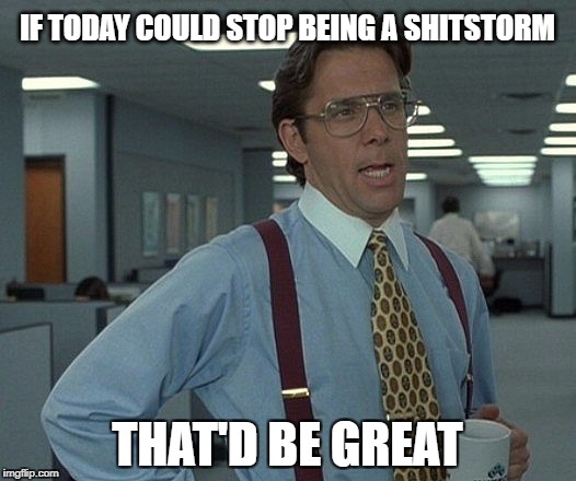 That's be great | IF TODAY COULD STOP BEING A SHITSTORM; THAT'D BE GREAT | image tagged in that's be great | made w/ Imgflip meme maker