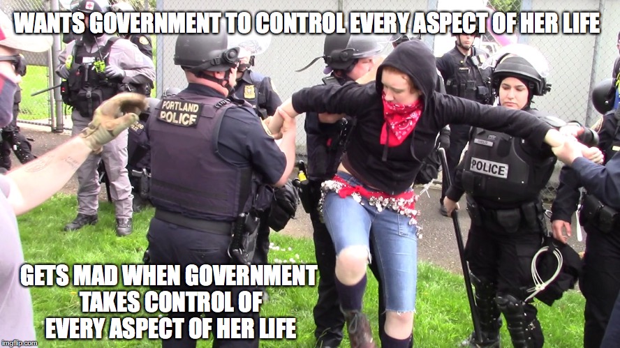Oxymorons at work | WANTS GOVERNMENT TO CONTROL EVERY ASPECT OF HER LIFE; GETS MAD WHEN GOVERNMENT TAKES CONTROL OF EVERY ASPECT OF HER LIFE | image tagged in antifa stupid liberal,police state,ironic,oxymorons at work | made w/ Imgflip meme maker