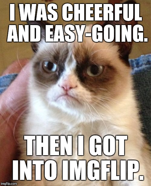 Grumpy Cat Meme | I WAS CHEERFUL AND EASY-GOING. THEN I GOT INTO IMGFLIP. | image tagged in memes,grumpy cat | made w/ Imgflip meme maker