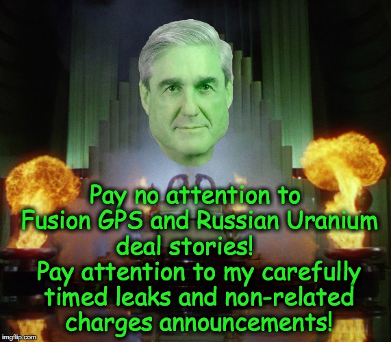 Pay no attention to Fusion GPS and Russian Uranium deal stories!     Pay attention to my carefully timed leaks and non-related charges announcements! | image tagged in wizard of oz,robert mueller | made w/ Imgflip meme maker