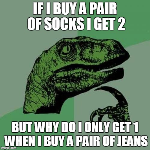 Philosoraptor | IF I BUY A PAIR OF SOCKS I GET 2; BUT WHY DO I ONLY GET 1 WHEN I BUY A PAIR OF JEANS | image tagged in memes,philosoraptor | made w/ Imgflip meme maker