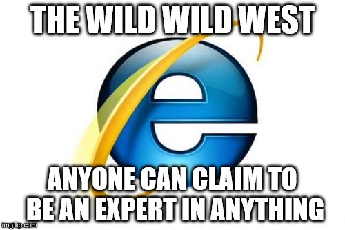 Internet Explorer | THE WILD WILD WEST; ANYONE CAN CLAIM TO BE AN EXPERT IN ANYTHING | image tagged in memes,internet explorer | made w/ Imgflip meme maker