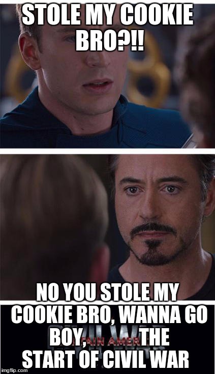 captain america and iron man | STOLE MY COOKIE BRO?!! NO YOU STOLE MY COOKIE BRO, WANNA GO BOY,              THE START OF CIVIL WAR | image tagged in captain america and iron man | made w/ Imgflip meme maker