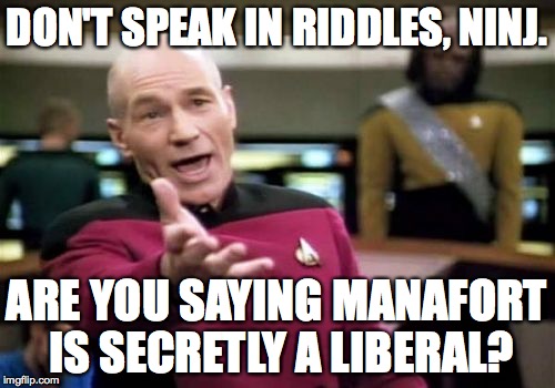 Picard Wtf Meme | DON'T SPEAK IN RIDDLES, NINJ. ARE YOU SAYING MANAFORT IS SECRETLY A LIBERAL? | image tagged in memes,picard wtf | made w/ Imgflip meme maker