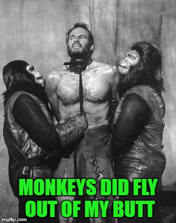 Charlton Heston dirty ape | MONKEYS DID FLY OUT OF MY BUTT | image tagged in charlton heston dirty ape | made w/ Imgflip meme maker
