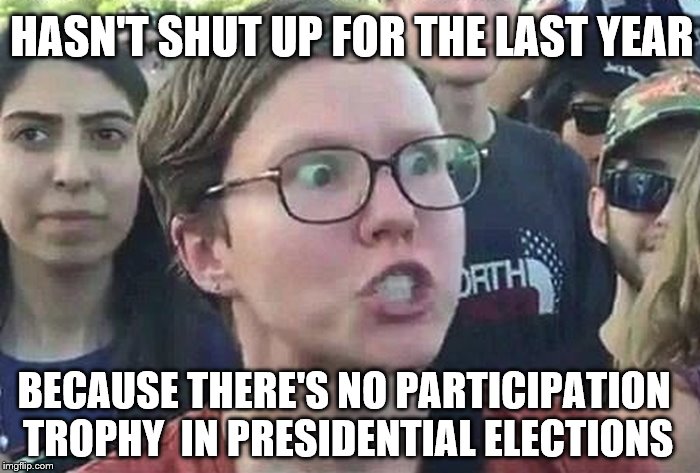 Triggered Liberal | HASN'T SHUT UP FOR THE LAST YEAR; BECAUSE THERE'S NO PARTICIPATION TROPHY  IN PRESIDENTIAL ELECTIONS | image tagged in triggered liberal | made w/ Imgflip meme maker