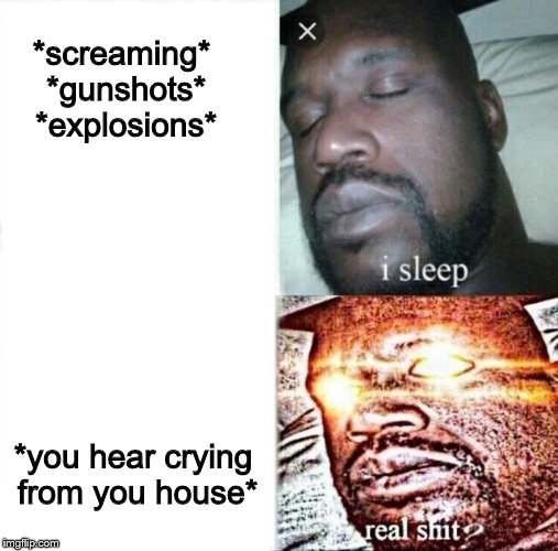*noises* | *screaming* *gunshots* *explosions*; *you hear crying from you house* | image tagged in i sleep,real shit | made w/ Imgflip meme maker
