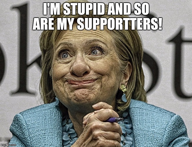 Hillary Clinton Meme | I'M STUPID
AND SO ARE MY SUPPORTTERS! | image tagged in hillary clinton meme | made w/ Imgflip meme maker