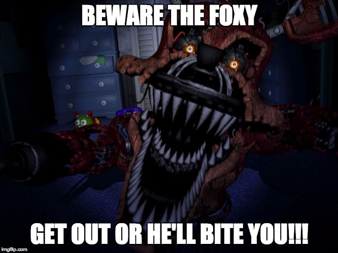 Nightmare Foxy | BEWARE THE FOXY; GET OUT OR HE'LL BITE YOU!!! | image tagged in nightmare foxy | made w/ Imgflip meme maker