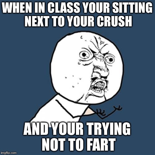 Y U No Meme | WHEN IN CLASS YOUR SITTING NEXT TO YOUR CRUSH; AND YOUR TRYING NOT TO FART | image tagged in memes,y u no | made w/ Imgflip meme maker