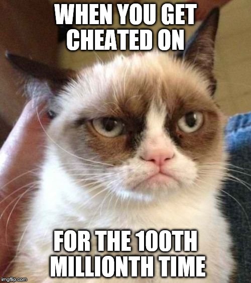Grumpy Cat Reverse | WHEN YOU GET CHEATED ON; FOR THE 100TH MILLIONTH TIME | image tagged in memes,grumpy cat reverse,grumpy cat | made w/ Imgflip meme maker