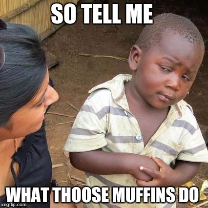 Third World Skeptical Kid Meme | SO TELL ME; WHAT THOOSE MUFFINS DO | image tagged in memes,third world skeptical kid | made w/ Imgflip meme maker