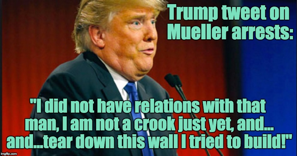 Trump tweet on Mueller arrests | Trump tweet on Mueller arrests:; "I did not have relations with that man, I am not a crook just yet, and... and...tear down this wall I tried to build!" | image tagged in donald trump,robert mueller,mueller time,paul manafort,rick gates,trump twitter | made w/ Imgflip meme maker