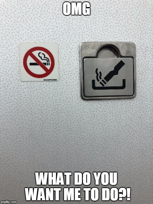 No smoking on the plane...maybe. | OMG; WHAT DO YOU WANT ME TO DO?! | image tagged in funny,funny memes,smoking,no smoking,airplane,faa | made w/ Imgflip meme maker