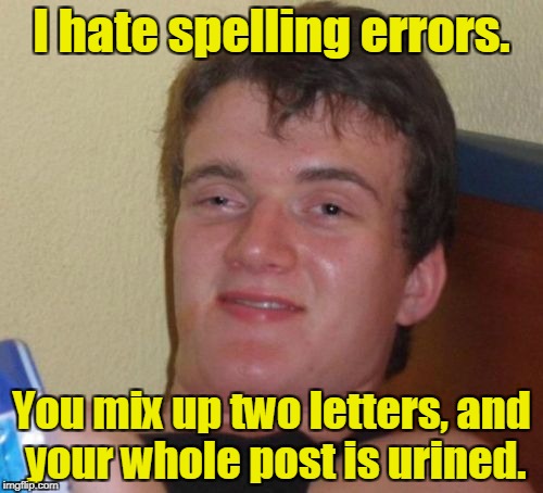 10 Guy Meme | I hate spelling errors. You mix up two letters, and your whole post is urined. | image tagged in memes,10 guy | made w/ Imgflip meme maker