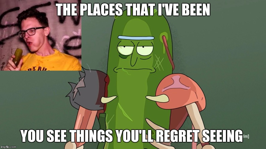 pickle rick | THE PLACES THAT I'VE BEEN; YOU SEE THINGS YOU'LL REGRET SEEING | image tagged in pickle rick | made w/ Imgflip meme maker