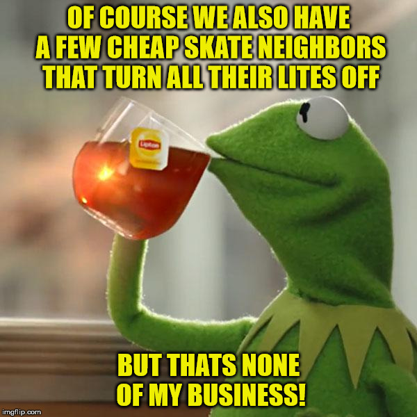 But That's None Of My Business Meme | OF COURSE WE ALSO HAVE A FEW CHEAP SKATE NEIGHBORS THAT TURN ALL THEIR LITES OFF; BUT THATS NONE OF MY BUSINESS! | image tagged in memes,but thats none of my business,kermit the frog | made w/ Imgflip meme maker