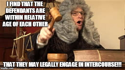 I FIND THAT THE DEFENDANTS ARE WITHIN RELATIVE AGE OF EACH OTHER THAT THEY MAY LEGALLY ENGAGE IN INTERCOURSE!!! | made w/ Imgflip meme maker