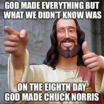 Buddy Christ | GOD MADE EVERYTHING BUT WHAT WE DIDN'T KNOW WAS; ON THE EIGHTH DAY GOD MADE CHUCK NORRIS | image tagged in memes,buddy christ | made w/ Imgflip meme maker