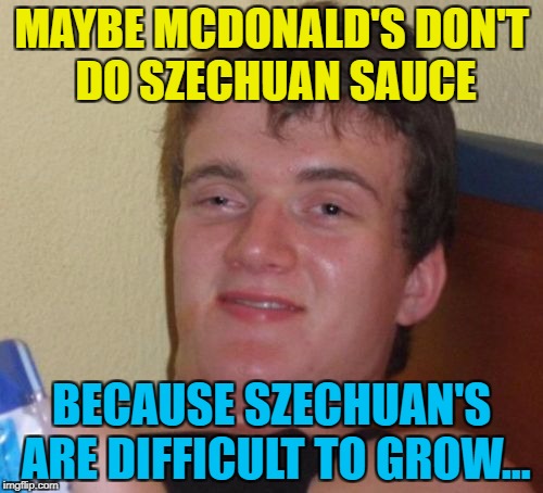 The conditions have to be just right... :) | MAYBE MCDONALD'S DON'T DO SZECHUAN SAUCE; BECAUSE SZECHUAN'S ARE DIFFICULT TO GROW... | image tagged in memes,10 guy,mcdonalds,szechuan sauce,food,plants | made w/ Imgflip meme maker