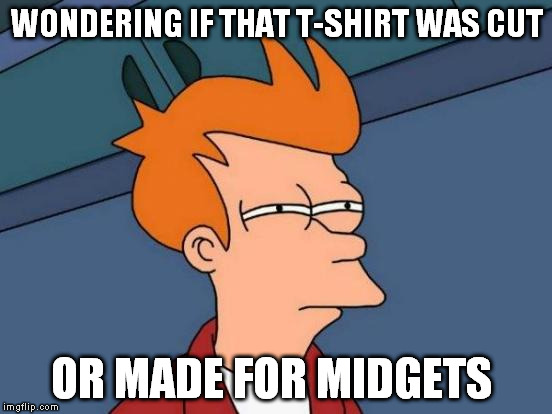 Futurama Fry Meme | WONDERING IF THAT T-SHIRT WAS CUT OR MADE FOR MIDGETS | image tagged in memes,futurama fry | made w/ Imgflip meme maker