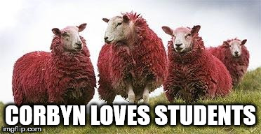 Corbyn loves students | CORBYN LOVES STUDENTS | image tagged in labour corbyn student sheep | made w/ Imgflip meme maker