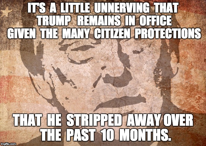 10 Month Inflection Point: TrumpRussia | IT'S  A  LITTLE  UNNERVING  THAT  TRUMP 
 REMAINS  IN  OFFICE  GIVEN  THE  MANY  CITIZEN  PROTECTIONS; THAT  HE  STRIPPED  AWAY
OVER  THE  PAST  10  MONTHS. | image tagged in political meme,donald trump,trump,american politics | made w/ Imgflip meme maker