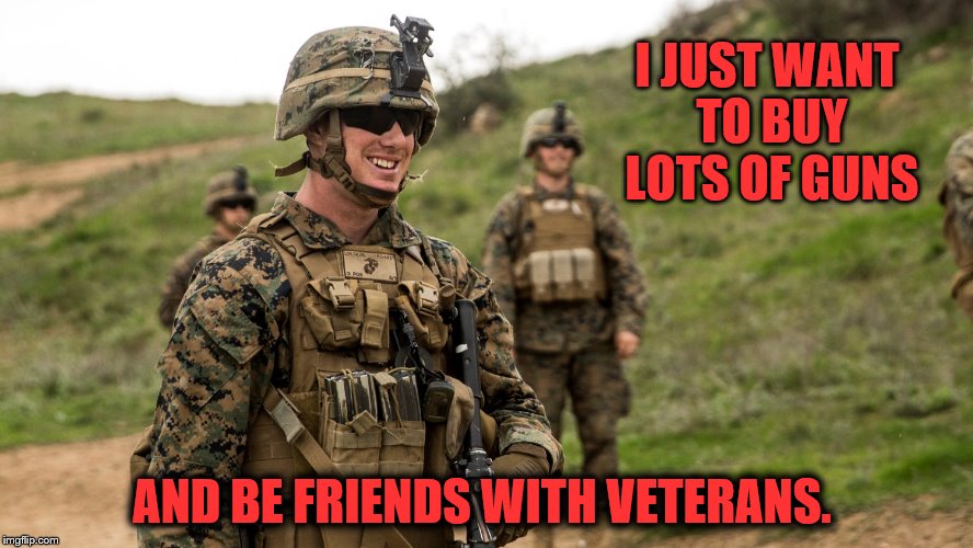 I JUST WANT TO BUY LOTS OF GUNS; AND BE FRIENDS WITH VETERANS. | made w/ Imgflip meme maker