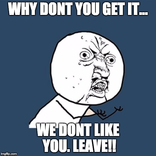Y U No Meme | WHY DONT YOU GET IT... WE DONT LIKE YOU. LEAVE!! | image tagged in memes,y u no | made w/ Imgflip meme maker