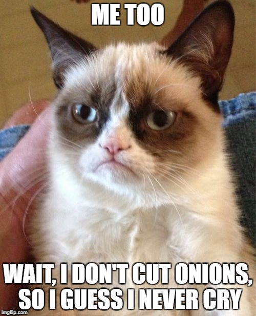 Grumpy Cat Meme | ME TOO WAIT, I DON'T CUT ONIONS, SO I GUESS I NEVER CRY | image tagged in memes,grumpy cat | made w/ Imgflip meme maker