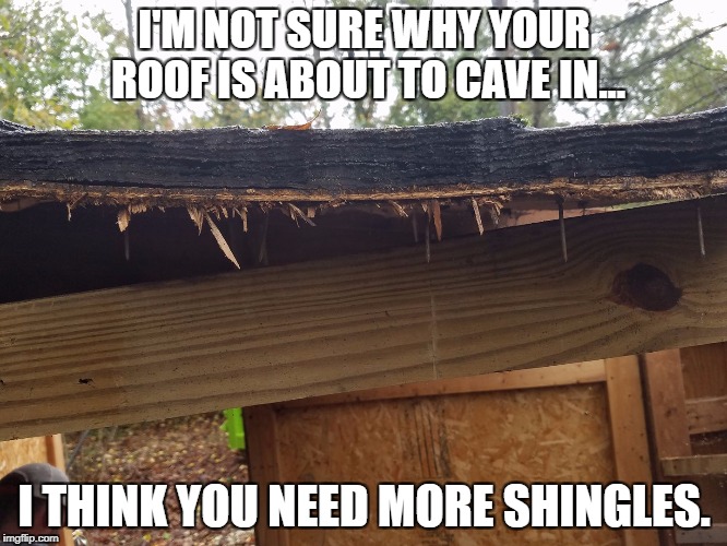 Unlicensed roofers be like... | I'M NOT SURE WHY YOUR ROOF IS ABOUT TO CAVE IN... I THINK YOU NEED MORE SHINGLES. | image tagged in roof,construction | made w/ Imgflip meme maker