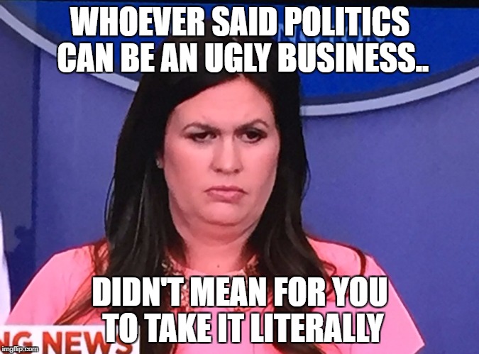 WHOEVER SAID POLITICS CAN BE AN UGLY BUSINESS.. DIDN'T MEAN FOR YOU TO TAKE IT LITERALLY | image tagged in sarah huckabee sanders | made w/ Imgflip meme maker