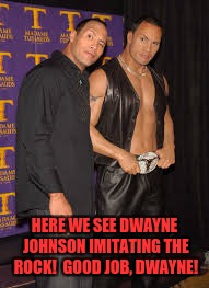 HERE WE SEE DWAYNE JOHNSON IMITATING THE ROCK!  GOOD JOB, DWAYNE! | image tagged in dwayne and the rock | made w/ Imgflip meme maker