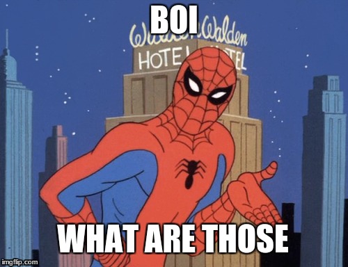 Spidermemes | BOI; WHAT ARE THOSE | image tagged in 60s spiderman,what are those,dat boi | made w/ Imgflip meme maker
