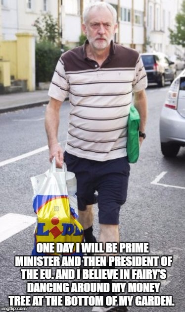 ONE DAY I WILL BE PRIME MINISTER AND THEN PRESIDENT OF THE EU. AND I BELIEVE IN FAIRY'S DANCING AROUND MY MONEY TREE AT THE BOTTOM OF MY GARDEN. | image tagged in jeremy corbyn | made w/ Imgflip meme maker