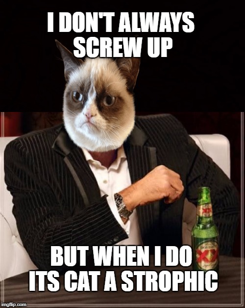 The Most Interesting Man In The World Meme | I DON'T ALWAYS SCREW UP BUT WHEN I DO ITS CAT A STROPHIC | image tagged in memes,the most interesting man in the world | made w/ Imgflip meme maker