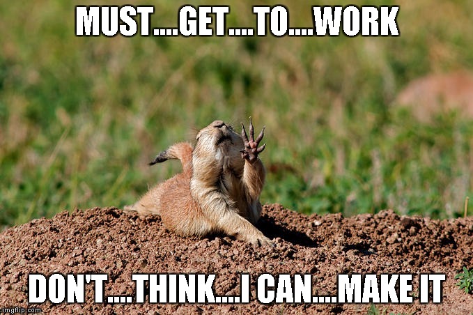 Crawling p dog | MUST....GET....TO....WORK; DON'T....THINK....I CAN....MAKE IT | image tagged in crawling p dog | made w/ Imgflip meme maker