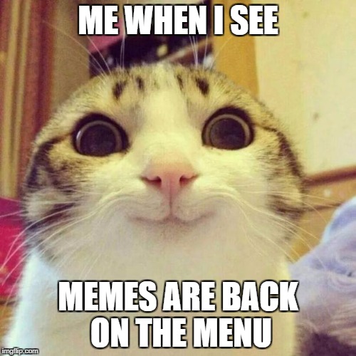 Smiling Cat Meme | ME WHEN I SEE; MEMES ARE BACK ON THE MENU | image tagged in memes,smiling cat | made w/ Imgflip meme maker
