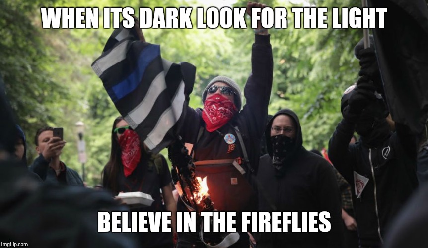 WHEN ITS DARK LOOK FOR THE LIGHT; BELIEVE IN THE FIREFLIES | image tagged in antifa,the last of us,apocalypse | made w/ Imgflip meme maker