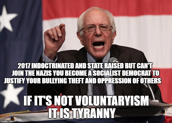 bernie point | 2017 INDOCTRINATED AND STATE RAISED BUT CAN'T JOIN THE NAZIS YOU BECOME A SOCIALIST DEMOCRAT TO JUSTIFY YOUR BULLYING THEFT AND OPPRESSION OF OTHERS; IF IT'S NOT VOLUNTARYISM IT IS TYRANNY | image tagged in bernie point | made w/ Imgflip meme maker