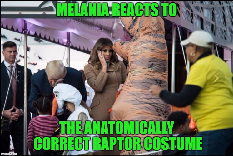 More photos from Halloween at The White House. | MELANIA REACTS TO; THE ANATOMICALLY CORRECT RAPTOR COSTUME | image tagged in melania raptor,anatomically correct | made w/ Imgflip meme maker