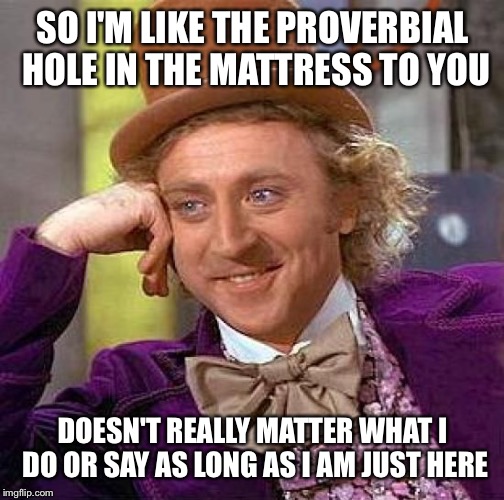 Creepy Condescending Wonka Meme | SO I'M LIKE THE PROVERBIAL HOLE IN THE MATTRESS TO YOU DOESN'T REALLY MATTER WHAT I DO OR SAY AS LONG AS I AM JUST HERE | image tagged in memes,creepy condescending wonka | made w/ Imgflip meme maker
