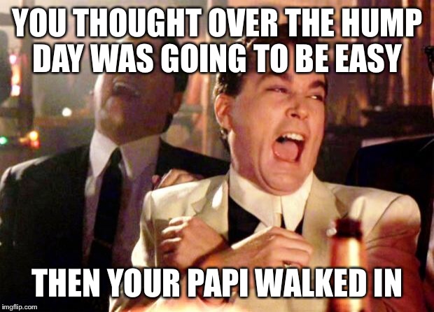 Goodfellas Laugh | YOU THOUGHT OVER THE HUMP DAY WAS GOING TO BE EASY; THEN YOUR PAPI WALKED IN | image tagged in goodfellas laugh | made w/ Imgflip meme maker
