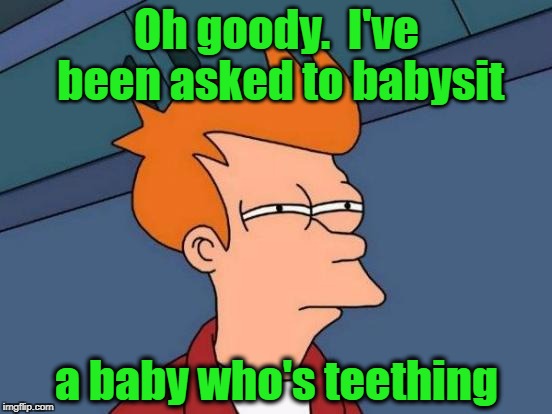 It's gonna be a LONG day | Oh goody.  I've been asked to babysit; a baby who's teething | image tagged in memes,futurama fry | made w/ Imgflip meme maker